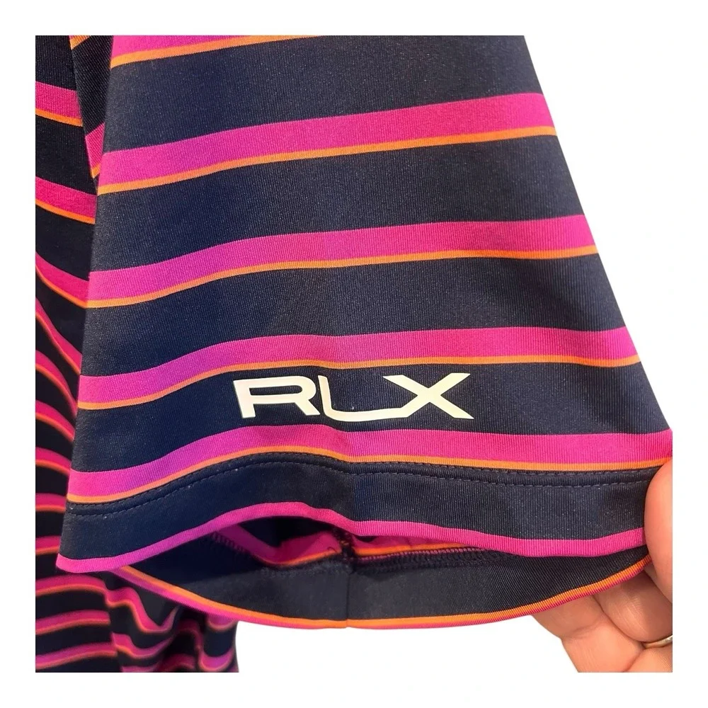 RLX Ralph Lauren Polo Shirt Mens LG Blue Orange Pink Striped Short Sleeve Golf